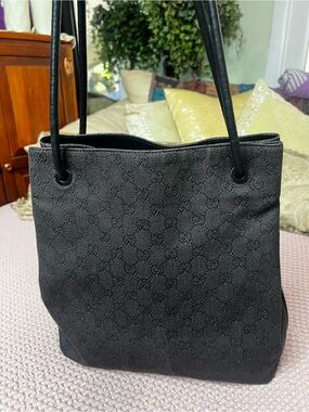 Gucci Gifford Black GG Monogram Denim Canvas Tote Shoulder Bag